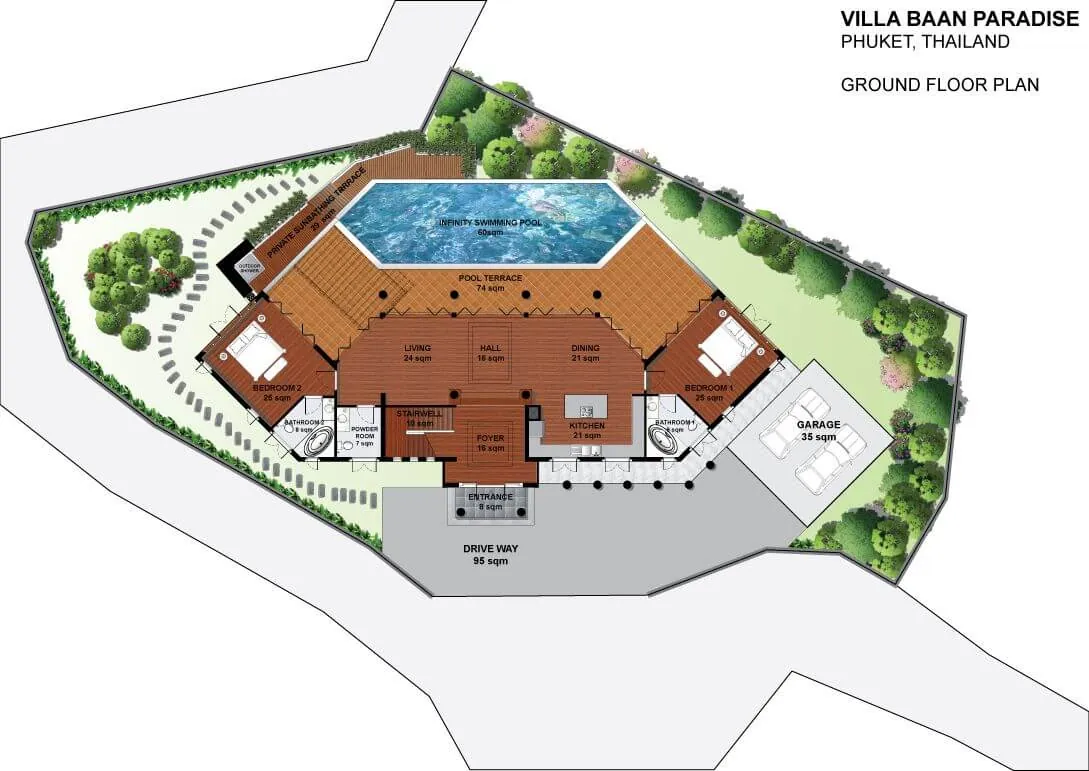 Villa Baan Paradise ground floor plan, showing the pool, terrace and main living pavilion