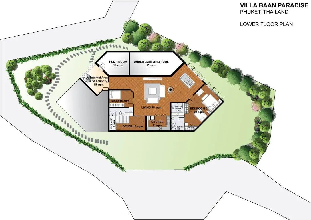 Villa Baan Paradise lower floor plan, showing the games room and the lower kitchen